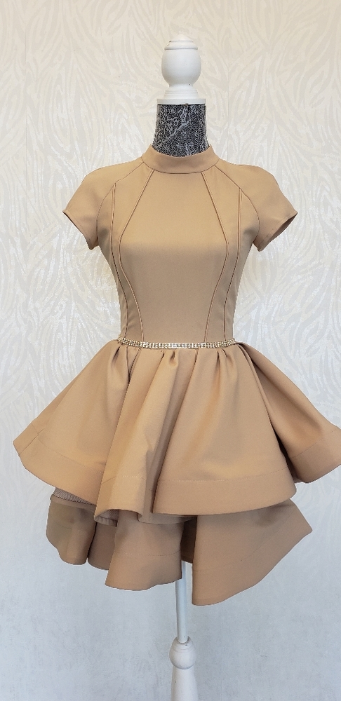 BEIGE FIT AND FLAIR COCKTAIL DRESS